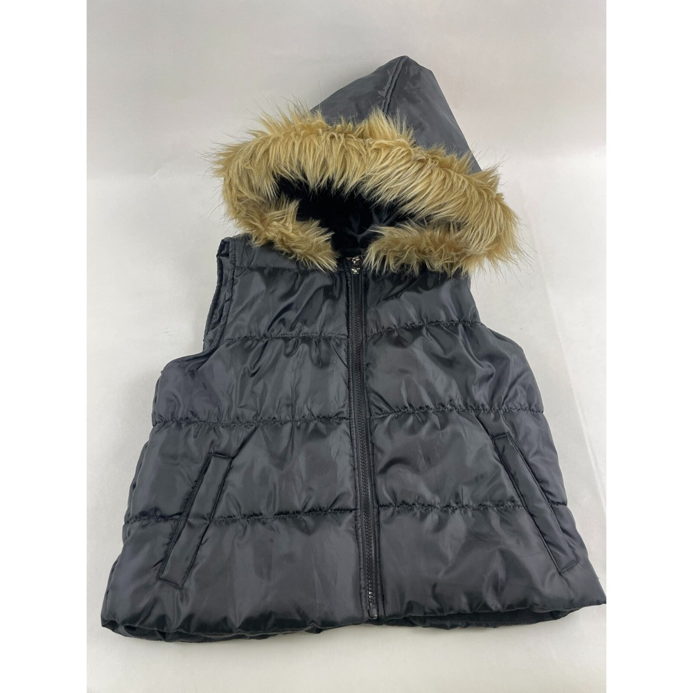 Joujou Vest, Girls Size 14/16, Black, Puffer Vest, Faux Fur, Full Zip, Hoodie